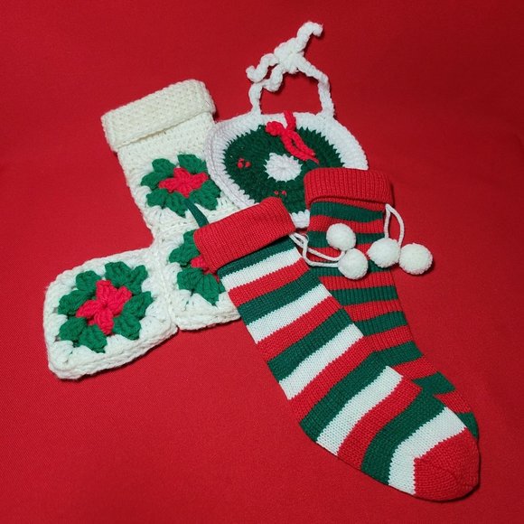 Christmas Stockings Ornament Knit Crochet Handmade Set of 4 - Picture 8 of 12